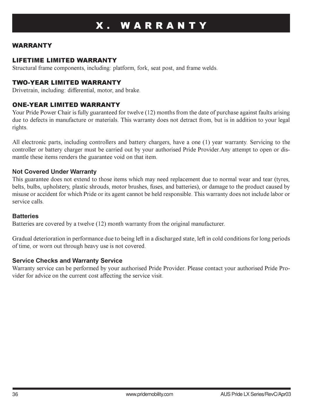 Pride Mobility LX12, LX11, LX10 owner manual A R R a N T Y, Not Covered Under Warranty, Service Checks and Warranty Service 