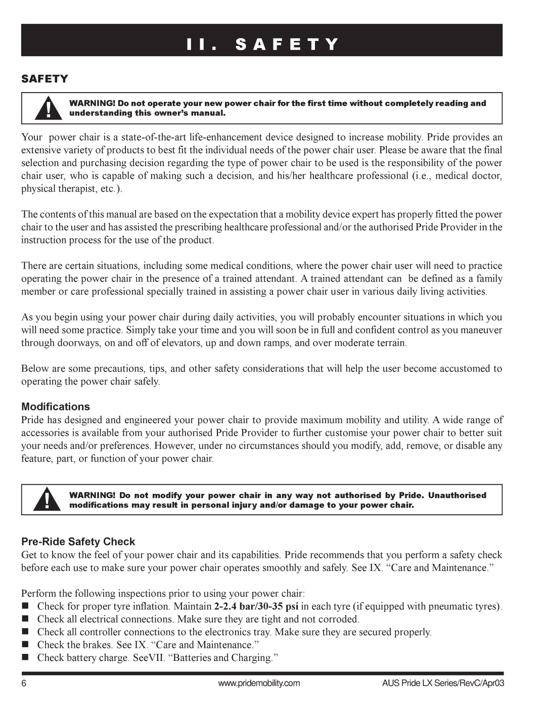 Pride Mobility LX12, LX11, LX10 owner manual S a F E T Y, Modifications, Pre-Ride Safety Check 