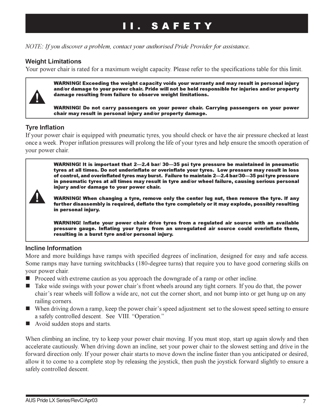 Pride Mobility LX11, LX12, LX10 owner manual Weight Limitations, Tyre Inflation, Incline Information 