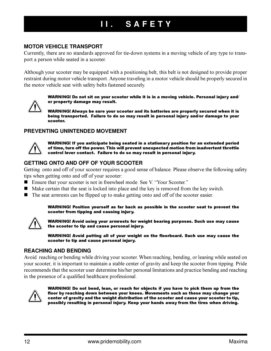 Pride Mobility Maxima Mobility Scooter owner manual Motor Vehicle Transport, Reaching and Bending 