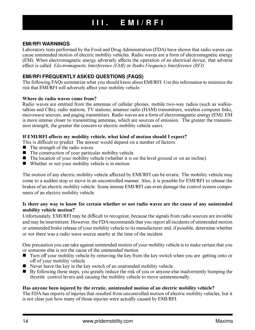 Pride Mobility Maxima Mobility Scooter I . E M I / R F, EMI/RFI Warnings, EMI/RFI Frequently Asked Questions Faqs 