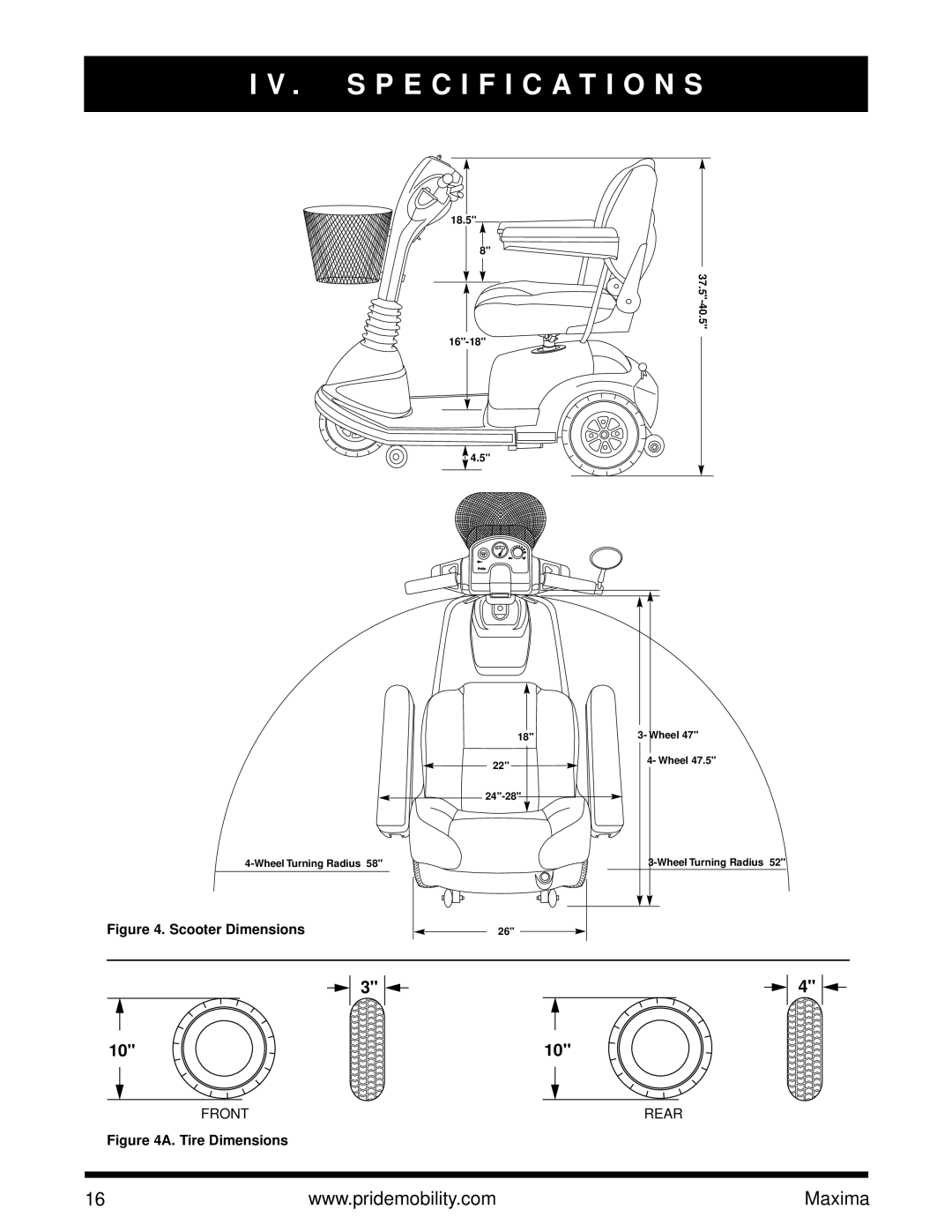 Pride Mobility Maxima Mobility Scooter owner manual Specification S, Scooter Dimensions 