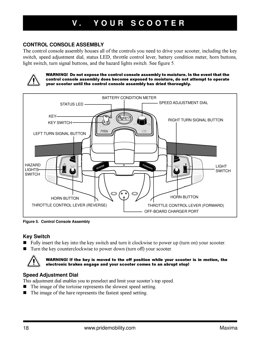 Pride Mobility Maxima Mobility Scooter owner manual O U R S C O O T E R, Control Console Assembly 