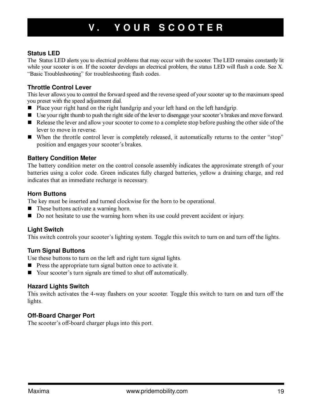 Pride Mobility Maxima Mobility Scooter owner manual Off-Board Charger Port 