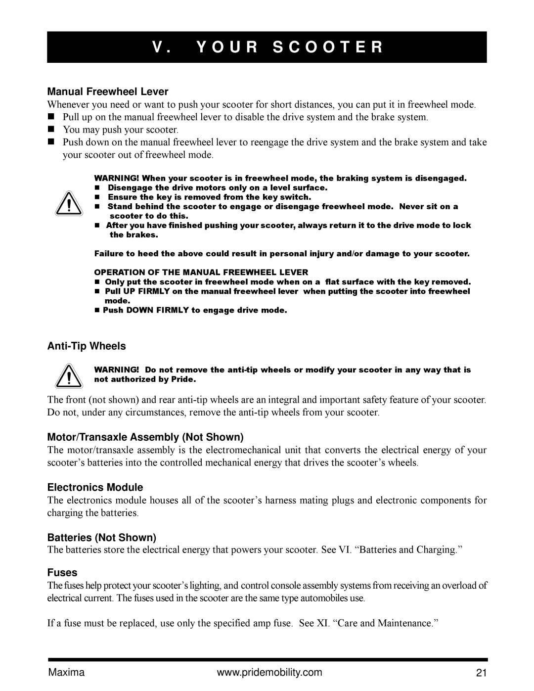 Pride Mobility Maxima Mobility Scooter owner manual Manual Freewheel Lever 