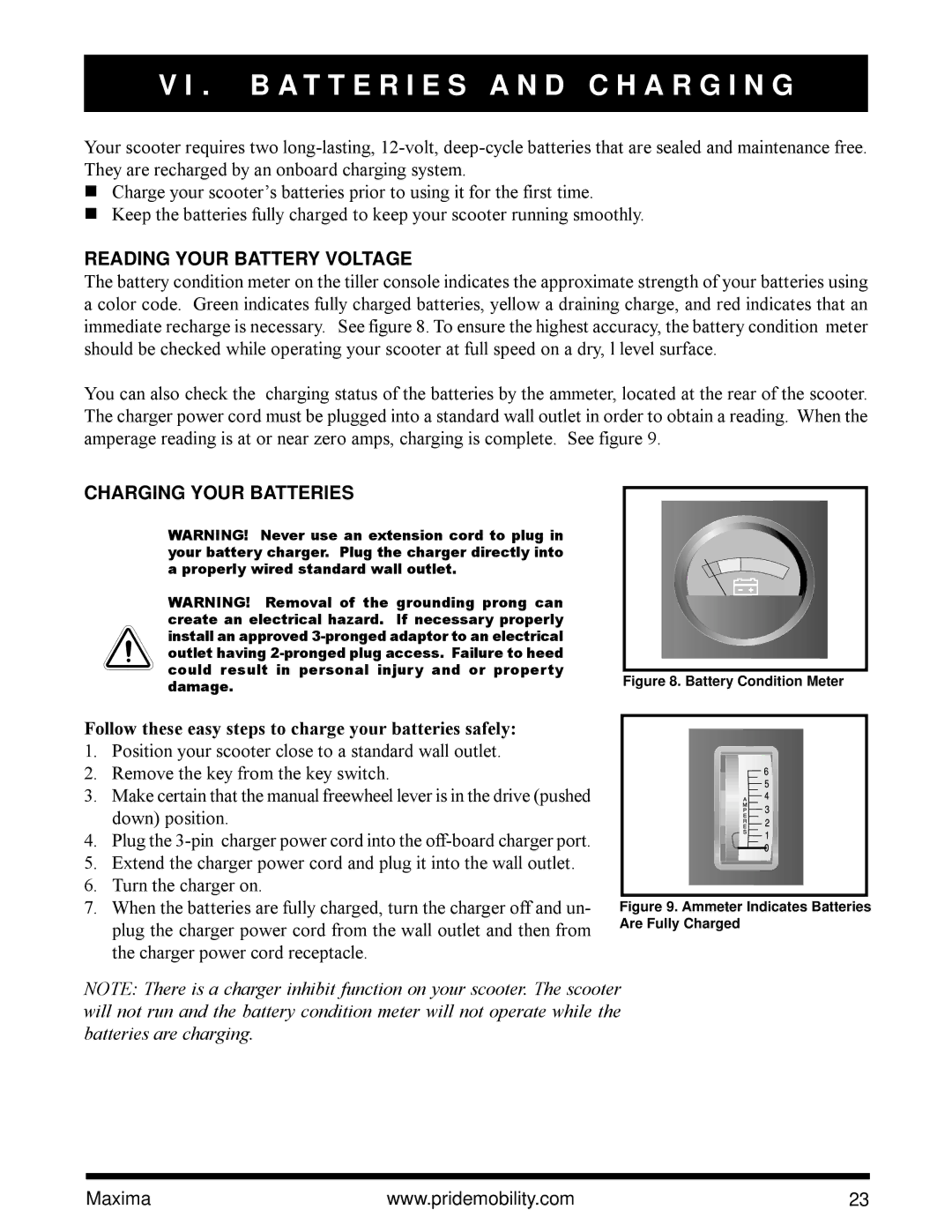 Pride Mobility Maxima Mobility Scooter owner manual B a T T E R I E S a N D C H a R G I N G, Reading Your Battery Voltage 