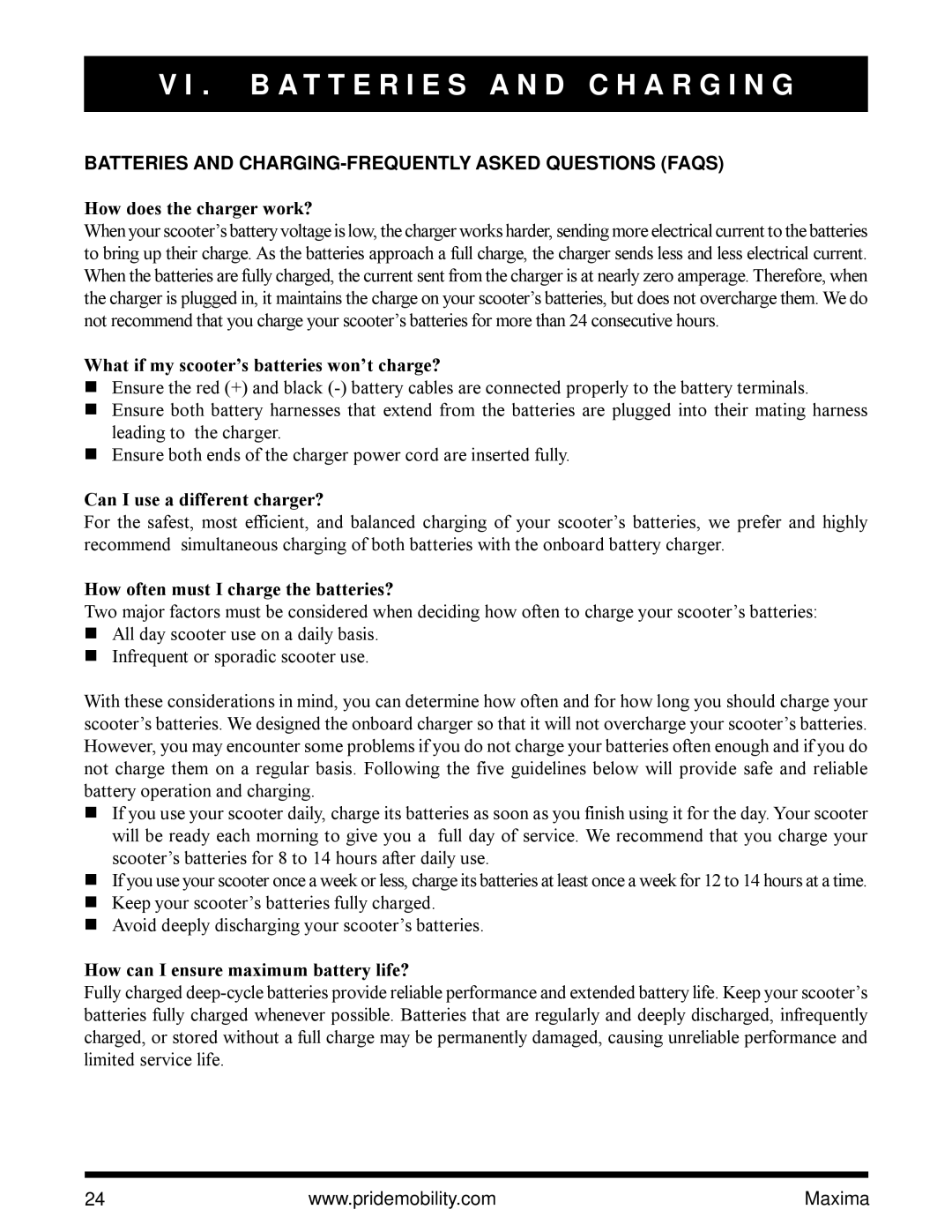 Pride Mobility Maxima Mobility Scooter owner manual Batteries and CHARGING-FREQUENTLY Asked Questions Faqs 