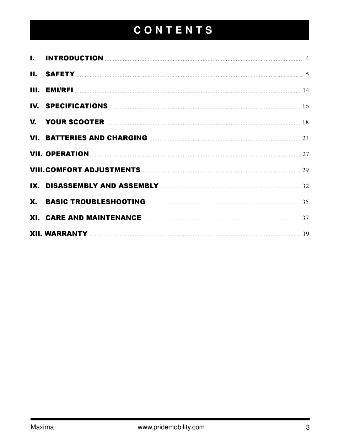 Pride Mobility Maxima Mobility Scooter owner manual N T E N T S 