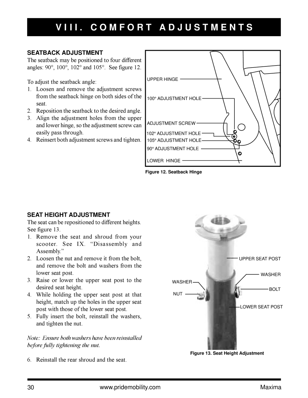 Pride Mobility Maxima Mobility Scooter owner manual Seatback Adjustment, Seat Height Adjustment 