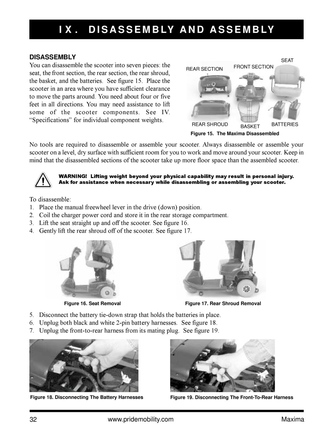 Pride Mobility Maxima Mobility Scooter owner manual D I S a S S E M B LY a N D a S S E M B LY, Disassembly 