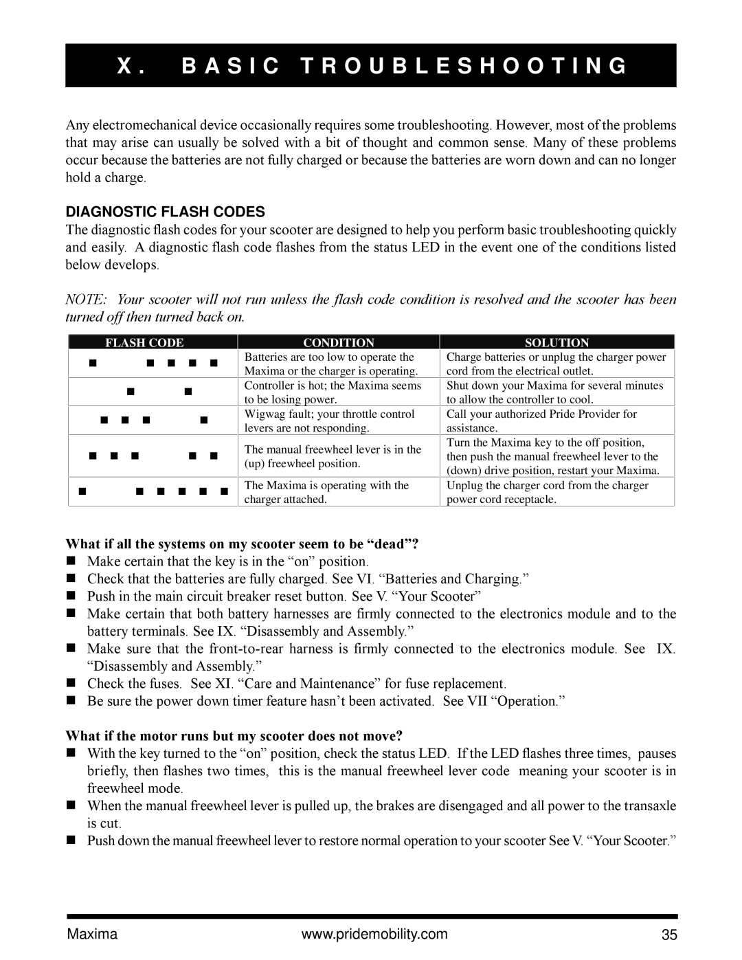 Pride Mobility Maxima Mobility Scooter owner manual A S I C Troubleshooting, Diagnostic Flash Codes 