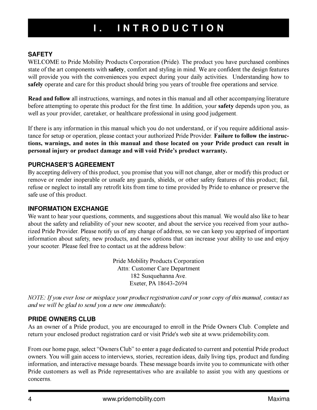 Pride Mobility Maxima Mobility Scooter N T R O D U C T I O N, Safety, PURCHASER’S Agreement, Information Exchange 