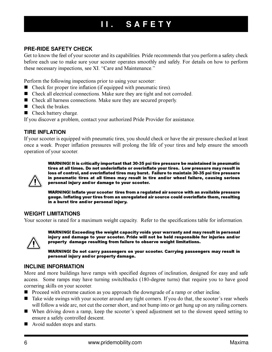 Pride Mobility Maxima Mobility Scooter PRE-RIDE Safety Check, Tire Inflation, Weight Limitations, Incline Information 