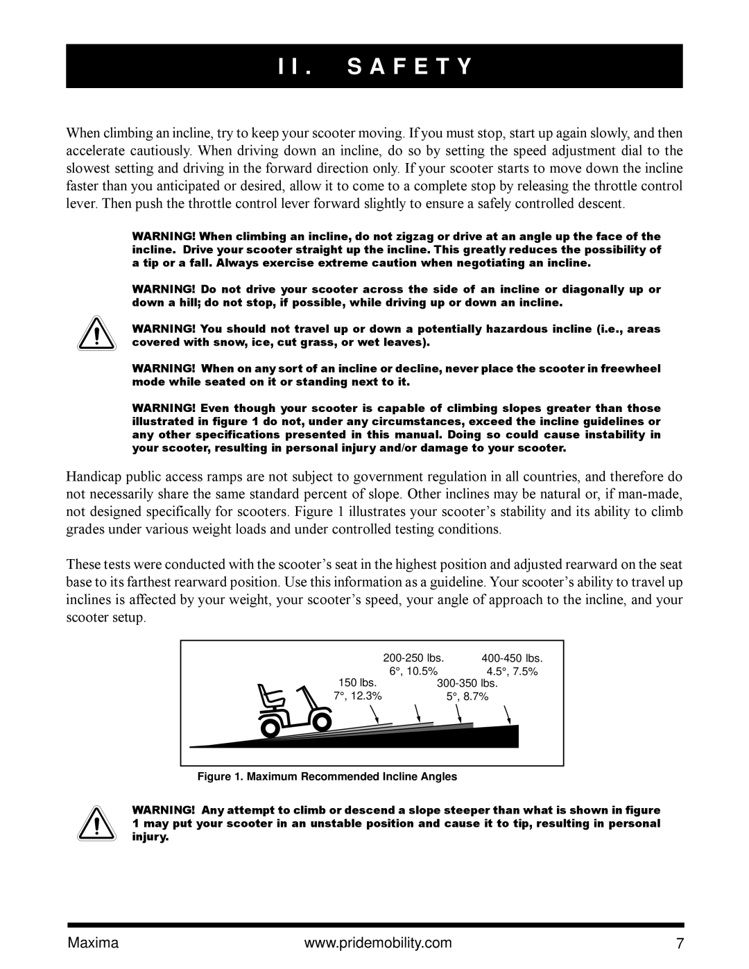 Pride Mobility Maxima Mobility Scooter owner manual Maximum Recommended Incline Angles 