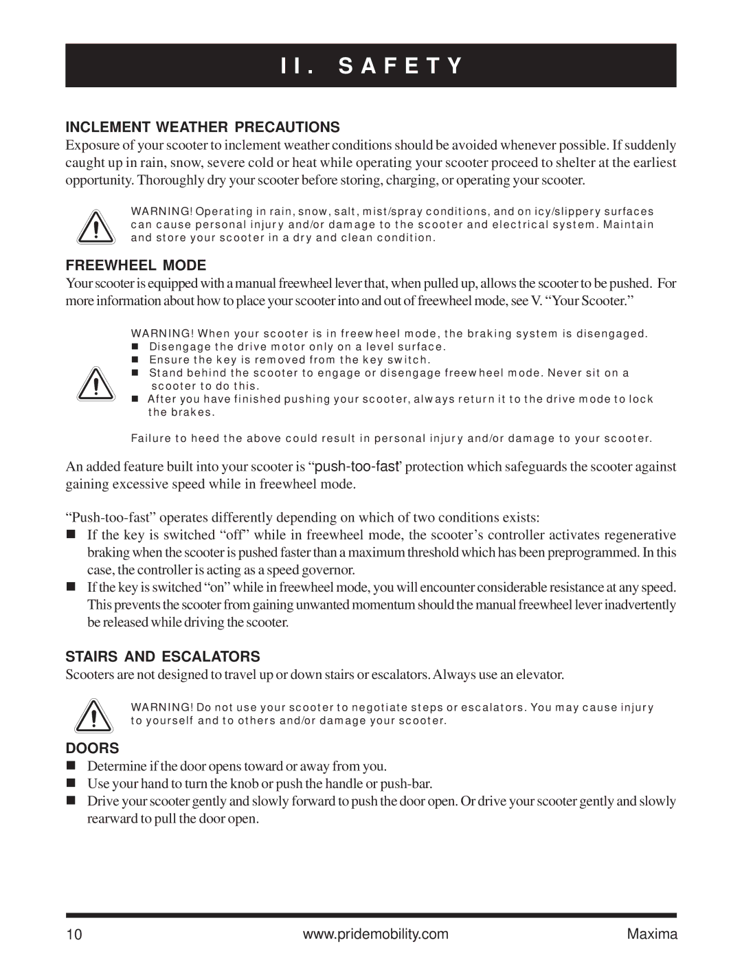 Pride Mobility Maxima owner manual Inclement Weather Precautions, Freewheel Mode, Stairs and Escalators, Doors 