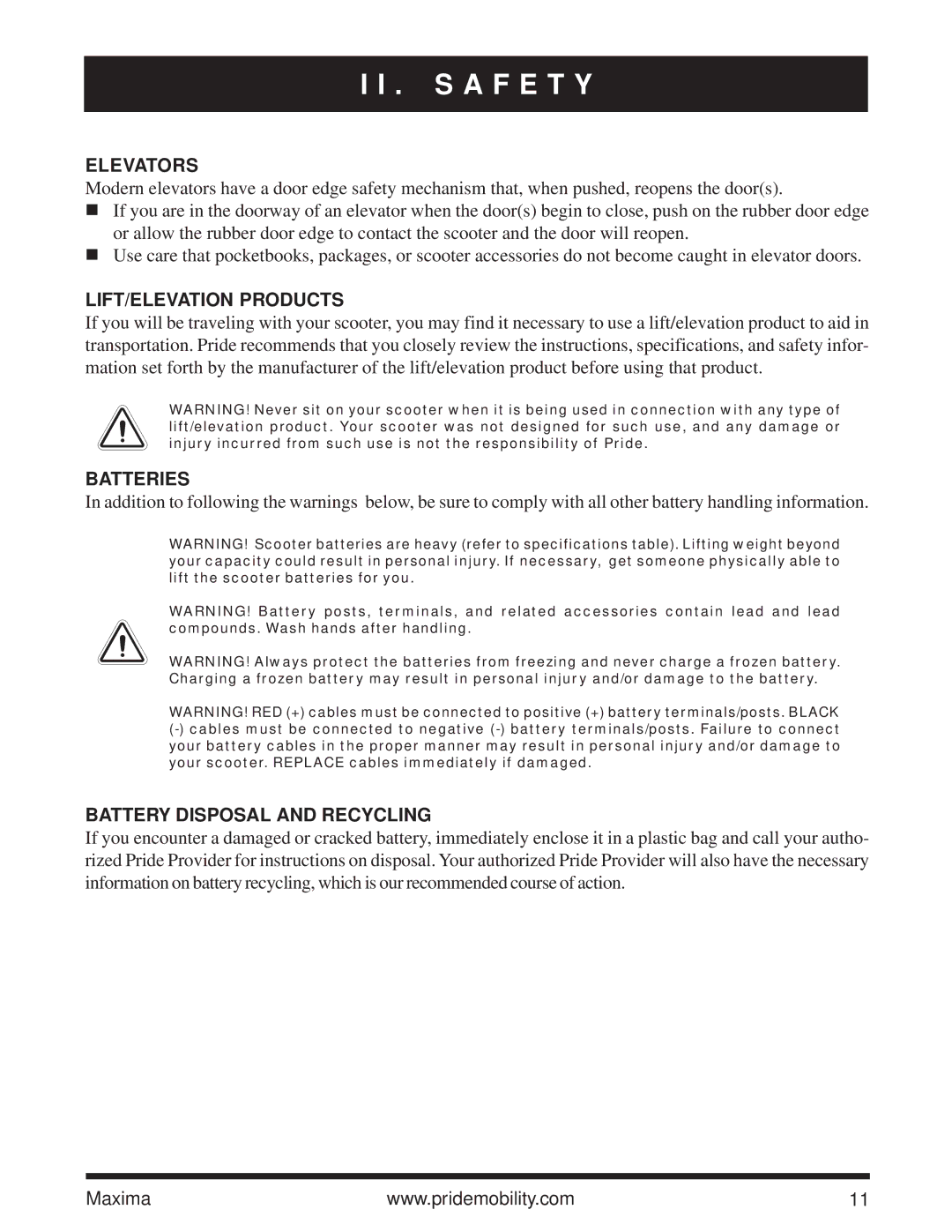 Pride Mobility Maxima owner manual Elevators, LIFT/ELEVATION Products, Batteries, Battery Disposal and Recycling 