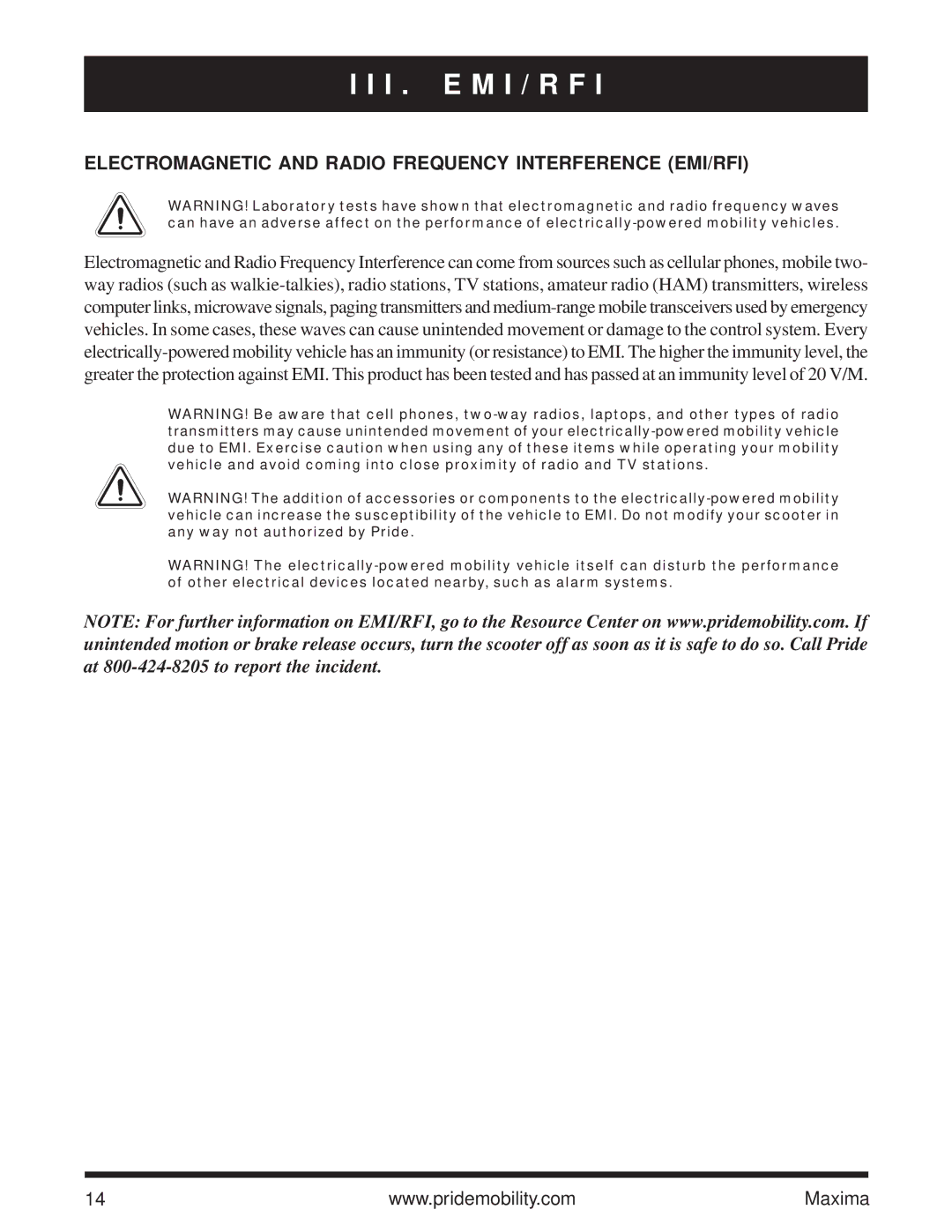 Pride Mobility Maxima owner manual I . E M I / R F, Electromagnetic and Radio Frequency Interference EMI/RFI 