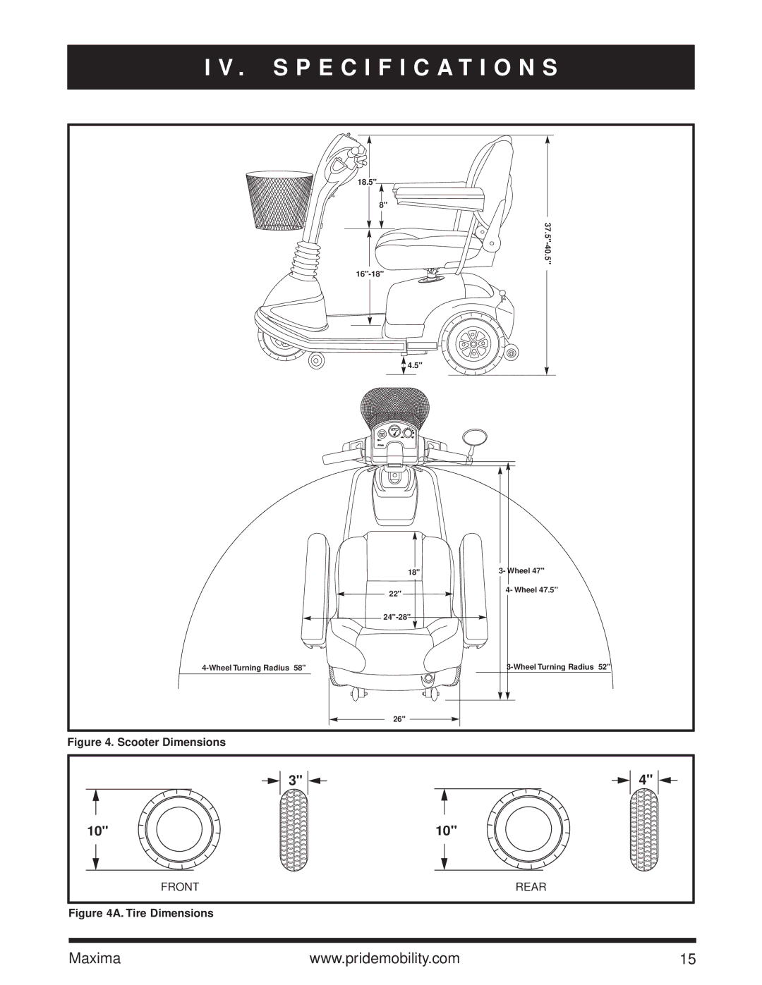 Pride Mobility Maxima owner manual Specification S, Scooter Dimensions 