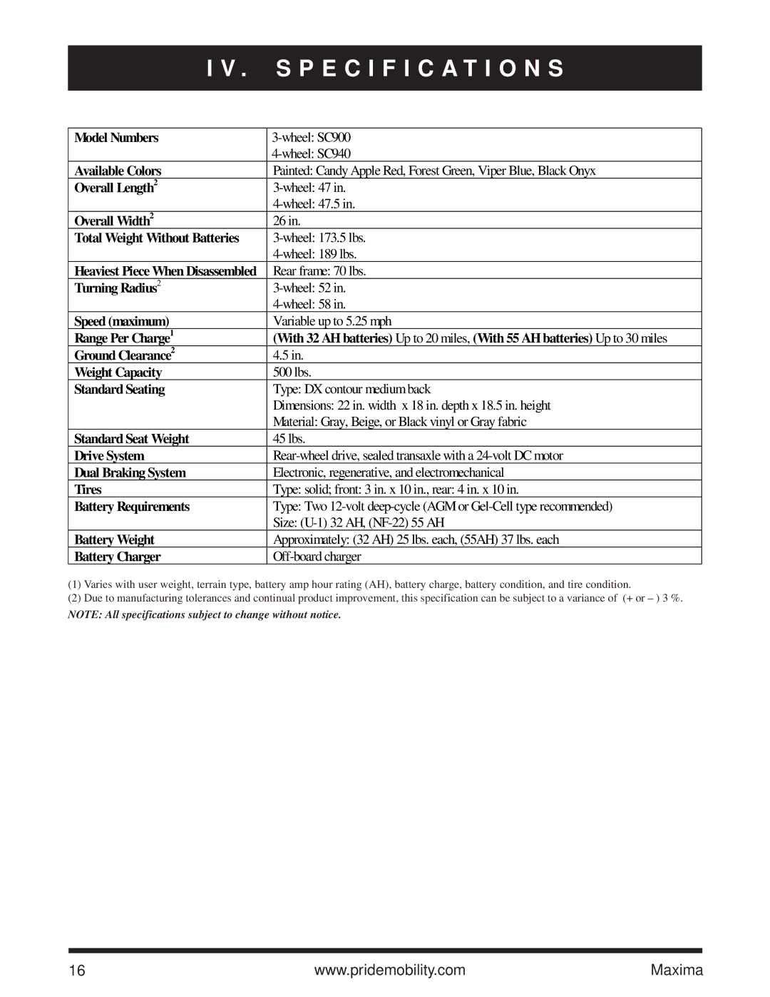 Pride Mobility Maxima owner manual Model Numbers 