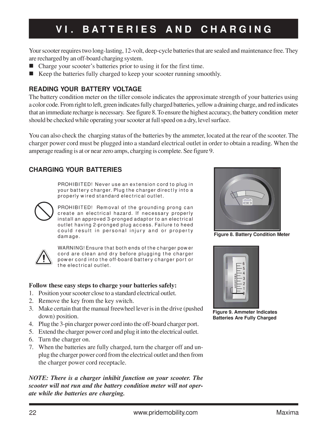 Pride Mobility Maxima B a T T E R I E S a N D C H a R G I N G, Reading Your Battery Voltage, Charging Your Batteries 