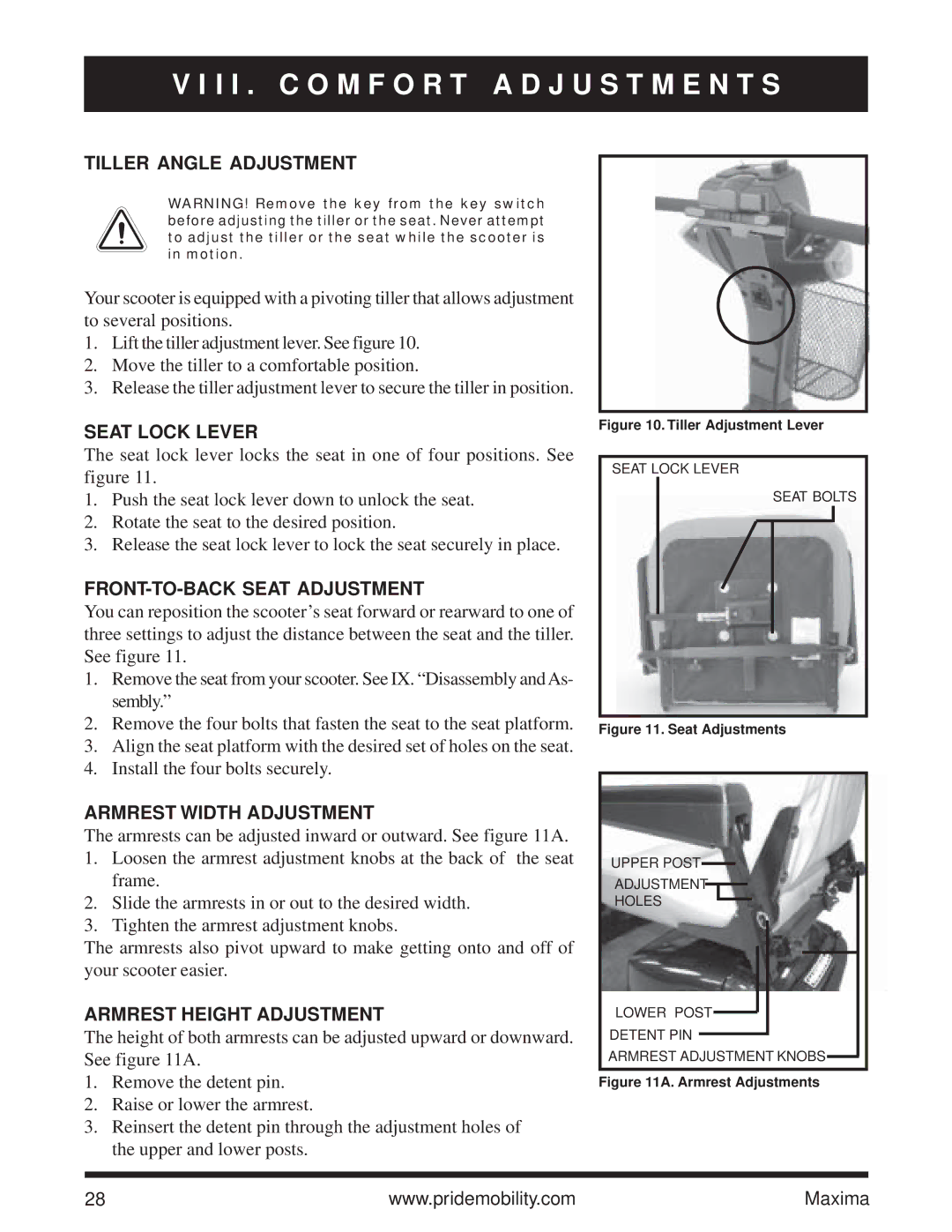 Pride Mobility Maxima owner manual I I . C O M F O R T a D J U S T M E N T S 