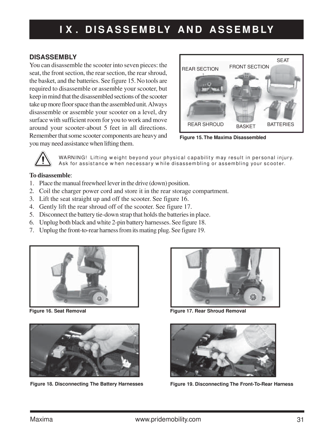 Pride Mobility Maxima owner manual Disassembly, To disassemble 