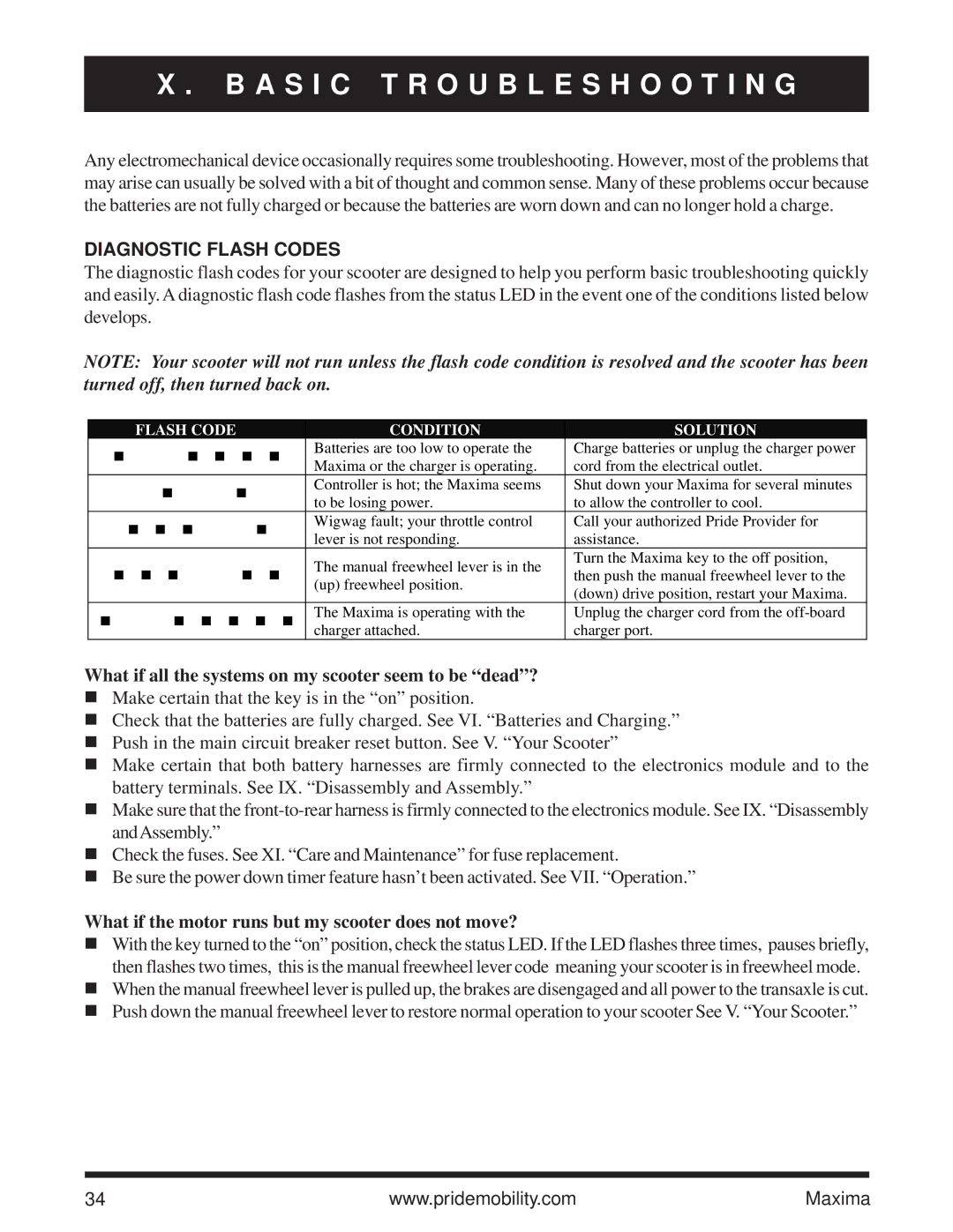Pride Mobility Maxima owner manual A S I C Troubleshooting, Diagnostic Flash Codes 