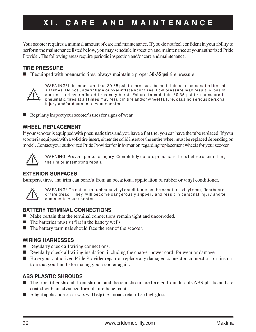 Pride Mobility Maxima owner manual C a R E a N D M a I N T E N a N C E 