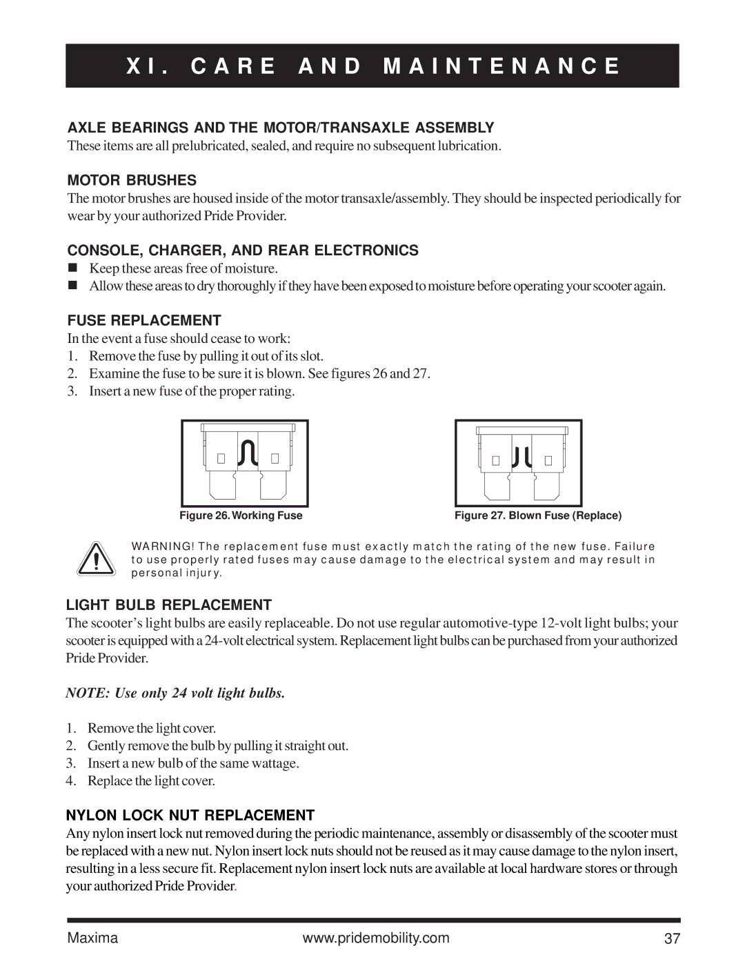 Pride Mobility Maxima owner manual Axle Bearings and the MOTOR/TRANSAXLE Assembly, Motor Brushes, Fuse Replacement 