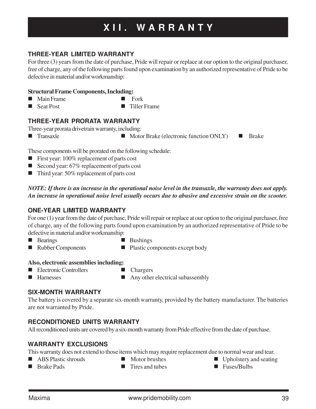 Pride Mobility Maxima owner manual I . W a R R a N T Y 