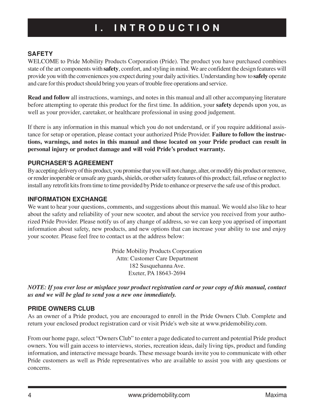 Pride Mobility Maxima N T R O D U C T I O N, Safety, PURCHASER’S Agreement, Information Exchange, Pride Owners Club 