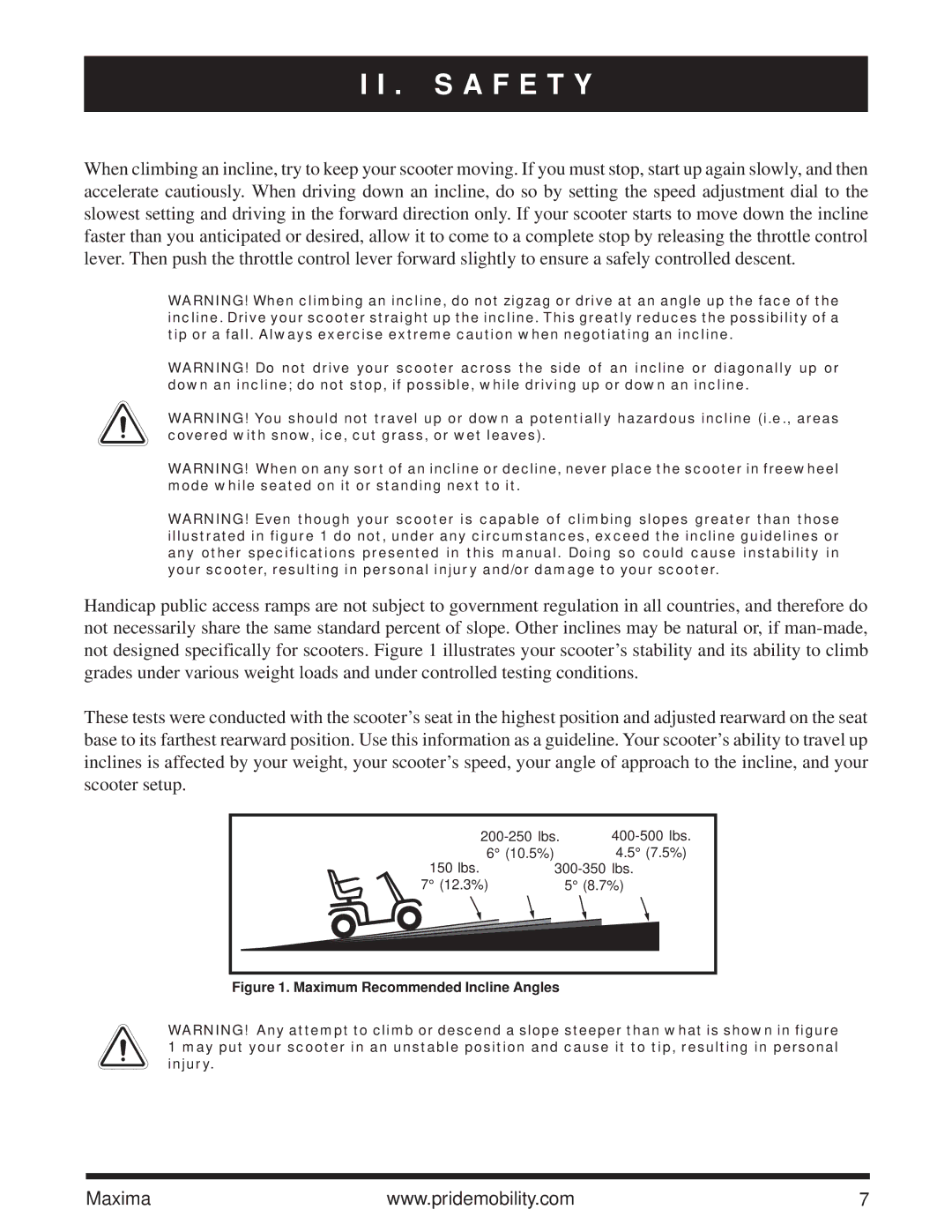 Pride Mobility Maxima owner manual Maximum Recommended Incline Angles 