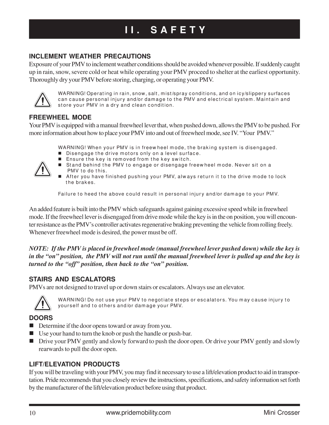 Pride Mobility Mini Crosser owner manual Inclement Weather Precautions, Freewheel Mode, Stairs and Escalators, Doors 