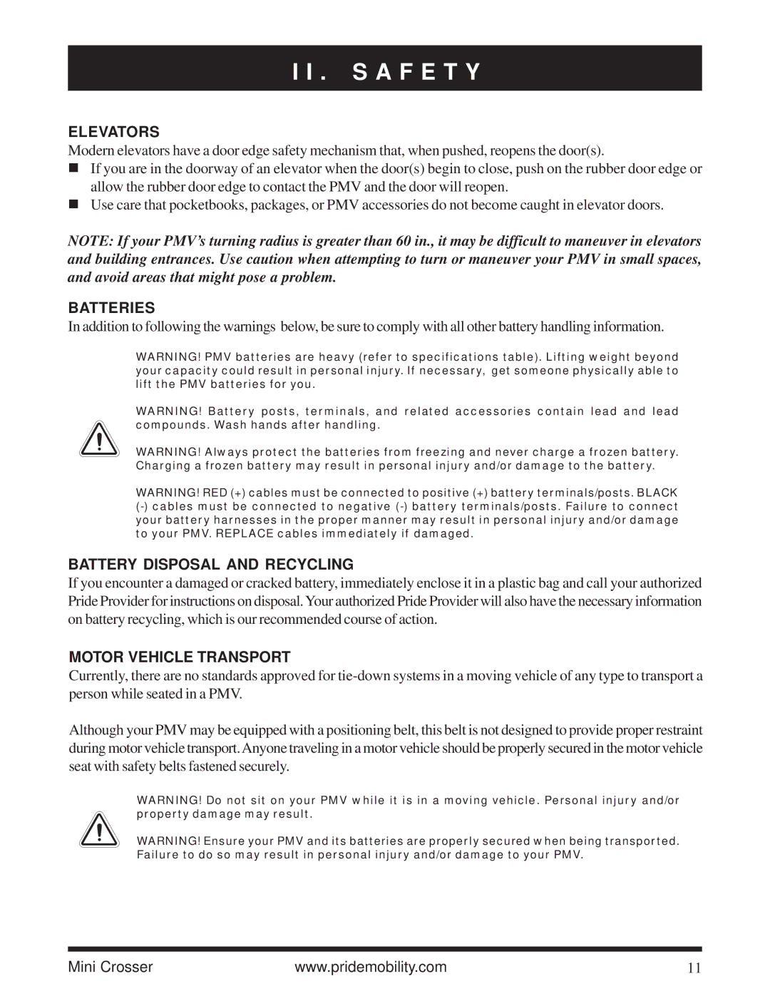 Pride Mobility Mini Crosser owner manual Elevators, Batteries, Battery Disposal and Recycling, Motor Vehicle Transport 