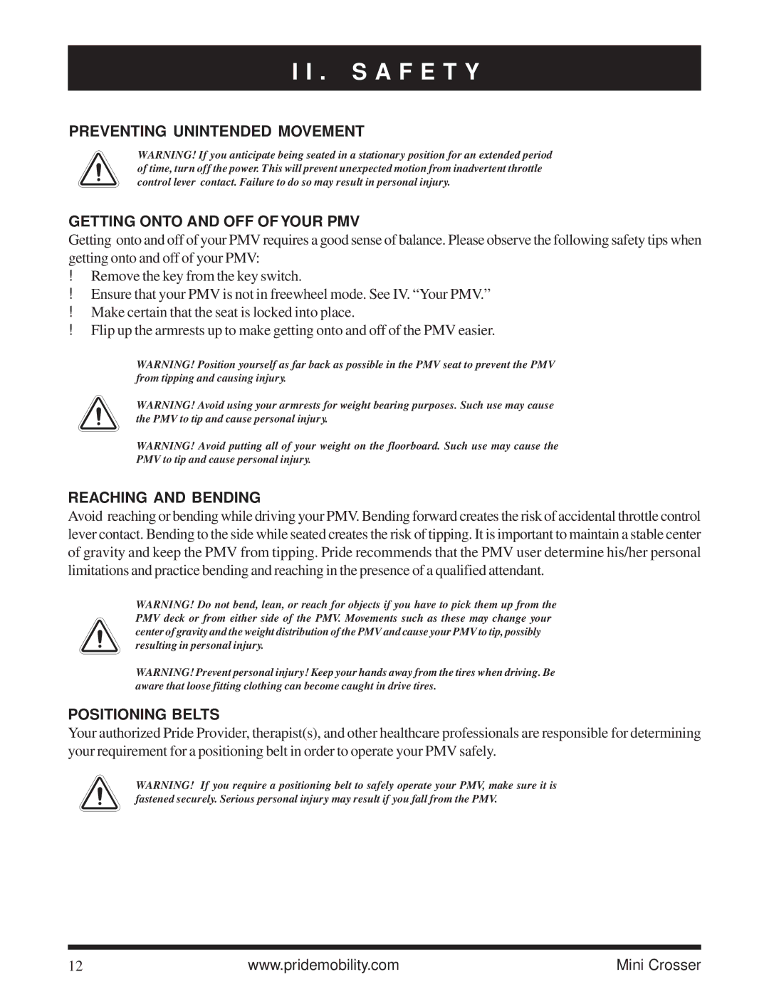 Pride Mobility Mini Crosser owner manual Reaching and Bending, Positioning Belts 