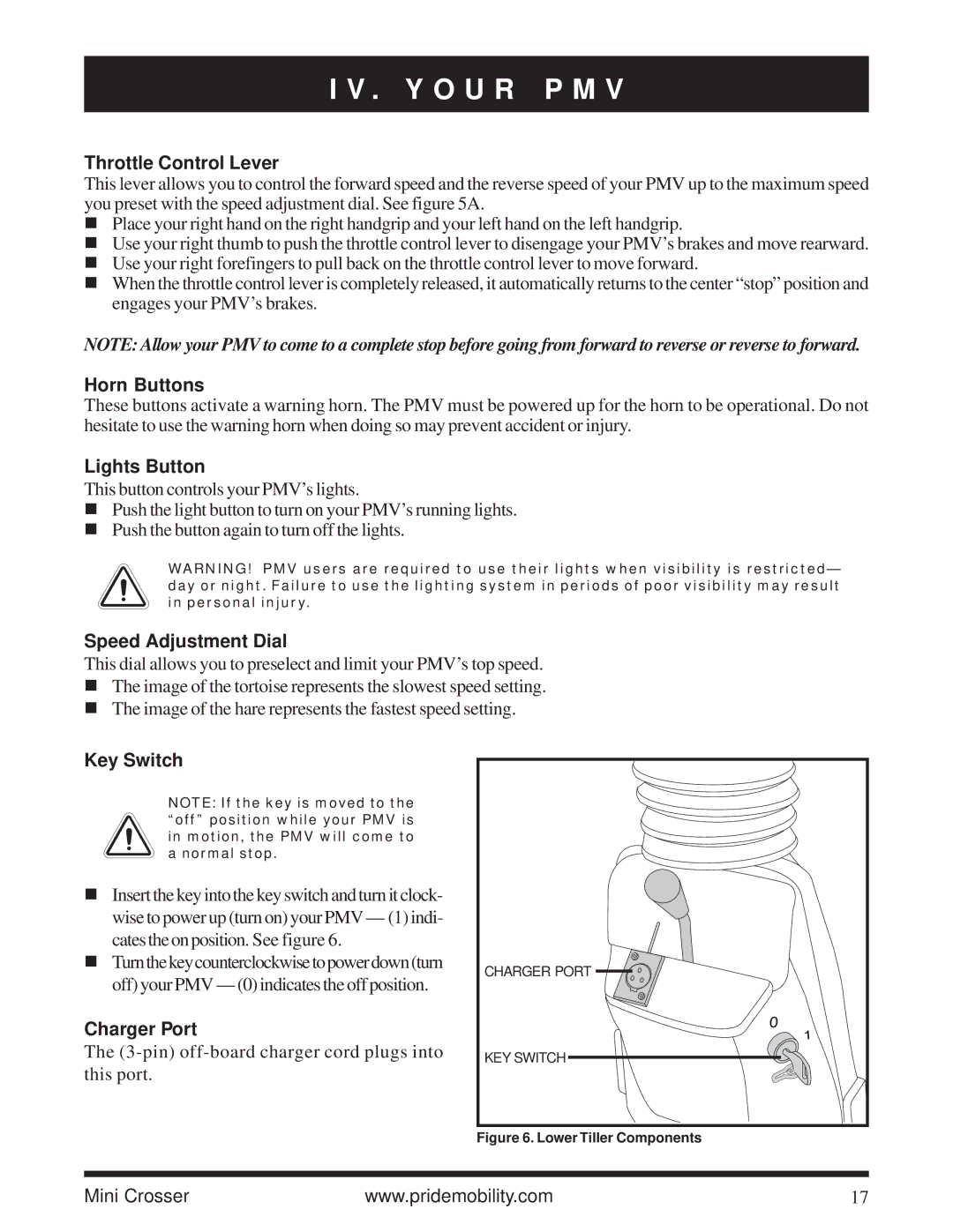 Pride Mobility Mini Crosser Throttle Control Lever, Horn Buttons, Lights Button, Speed Adjustment Dial, Key Switch 