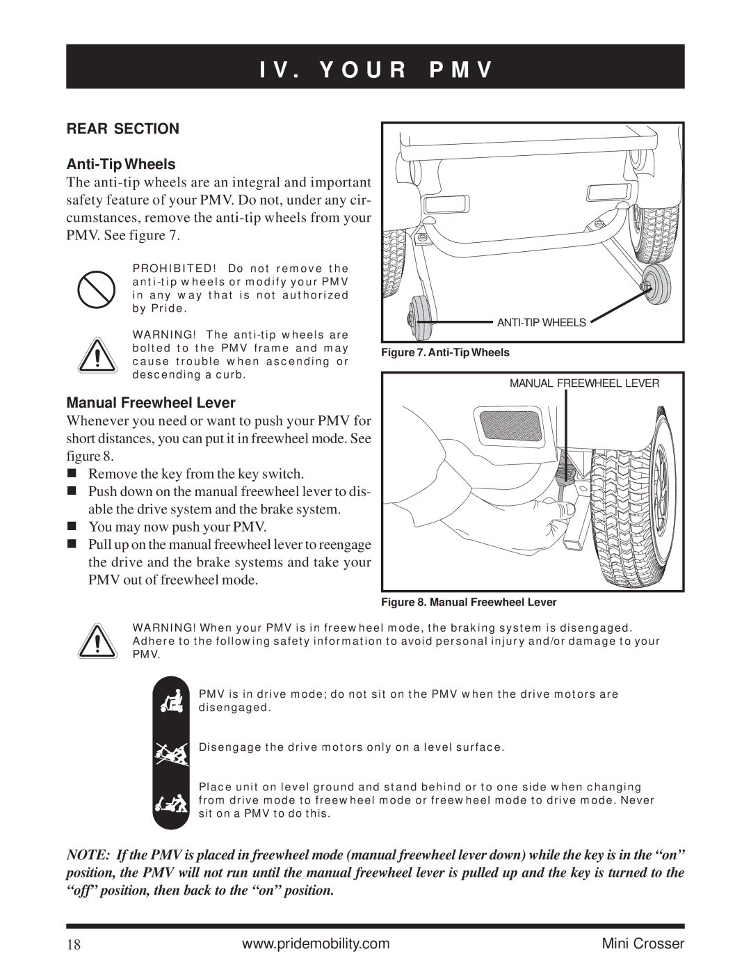 Pride Mobility Mini Crosser owner manual Y O U R, Rear Section, Anti-Tip Wheels, Manual Freewheel Lever 