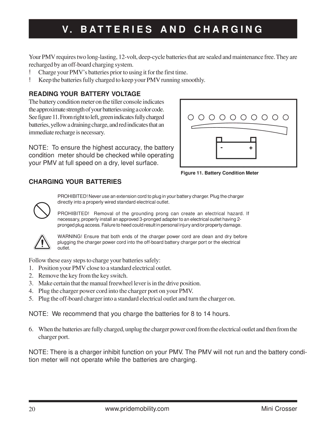 Pride Mobility Mini Crosser A T T E R I E S a N D C H a R G I N G, Reading Your Battery Voltage, Charging Your Batteries 