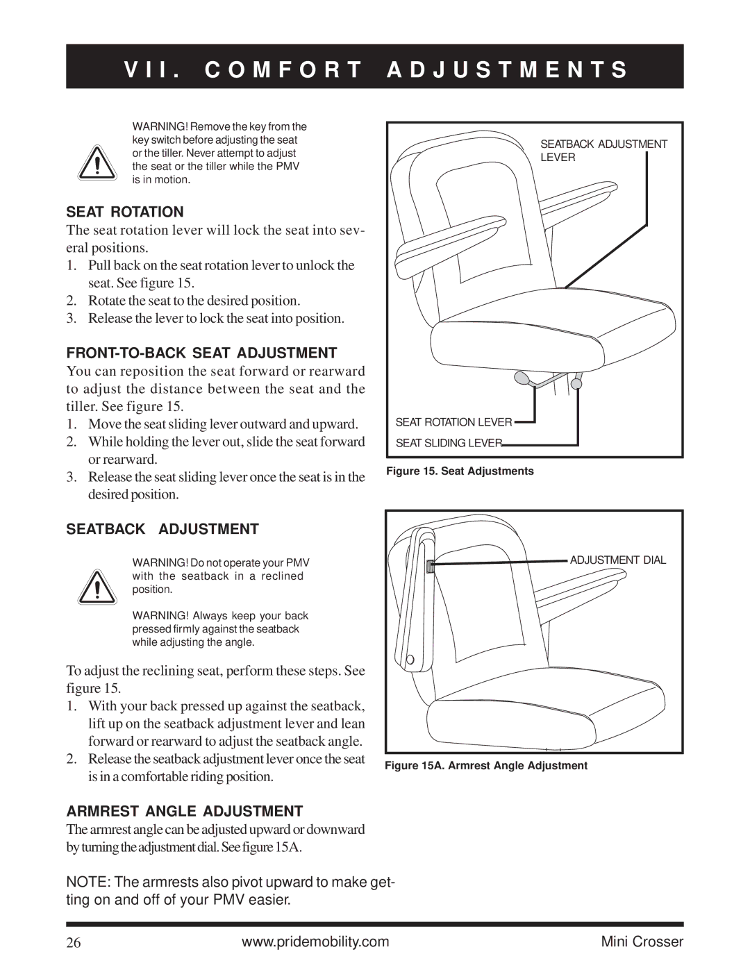 Pride Mobility Mini Crosser I . C O M F O R T, Seat Rotation, FRONT-TO-BACK Seat Adjustment, Seatback Adjustment 