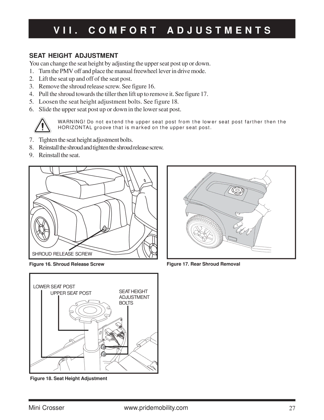 Pride Mobility Mini Crosser owner manual I . C O M F O R T a D J U S T M E N T S, Seat Height Adjustment 