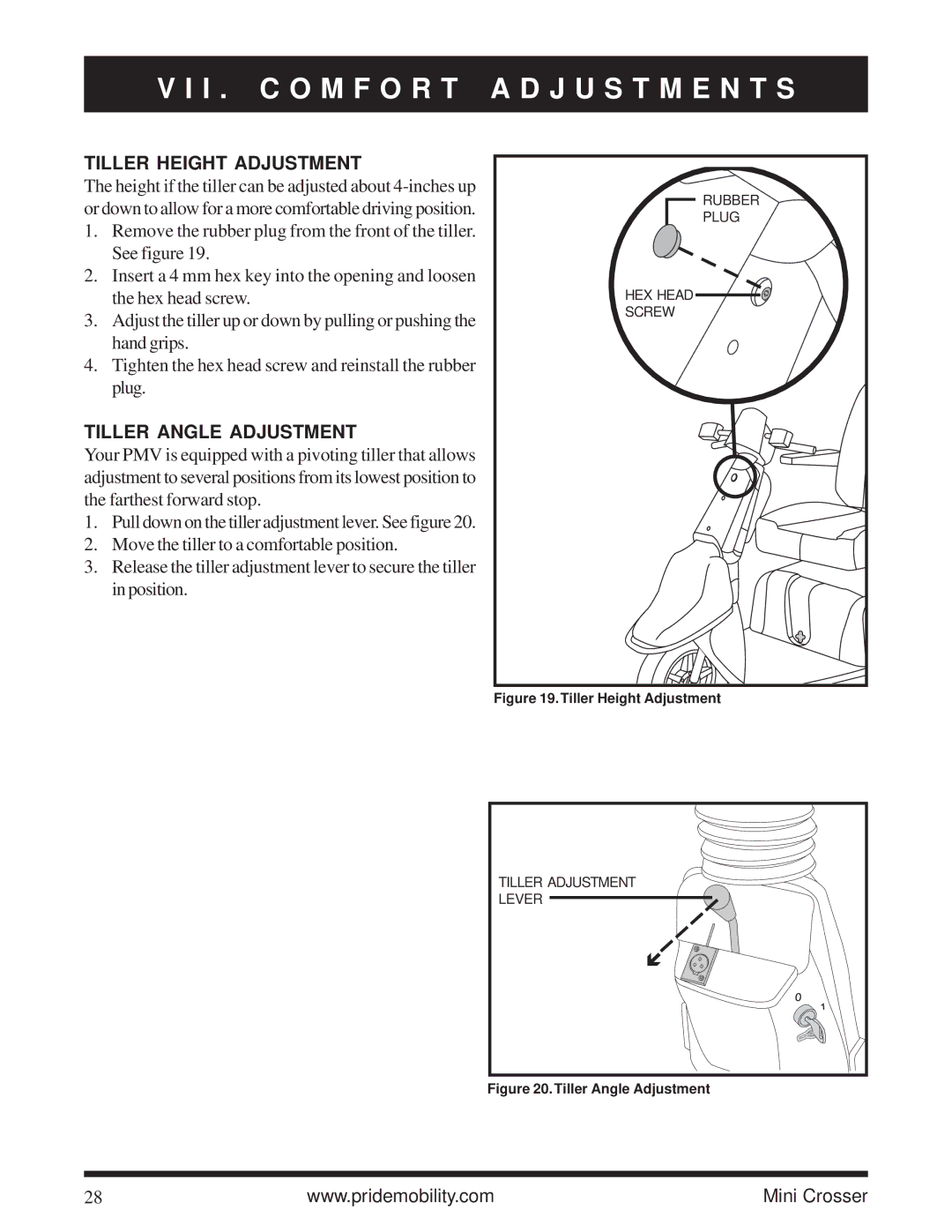 Pride Mobility Mini Crosser owner manual Tiller Height Adjustment, Tiller Angle Adjustment 