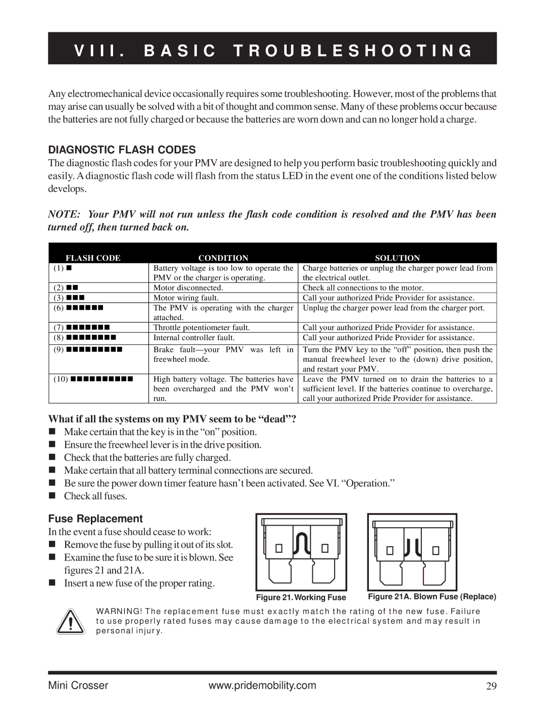 Pride Mobility Mini Crosser owner manual I I . B a S I C Troubleshooting, Diagnostic Flash Codes, Fuse Replacement 