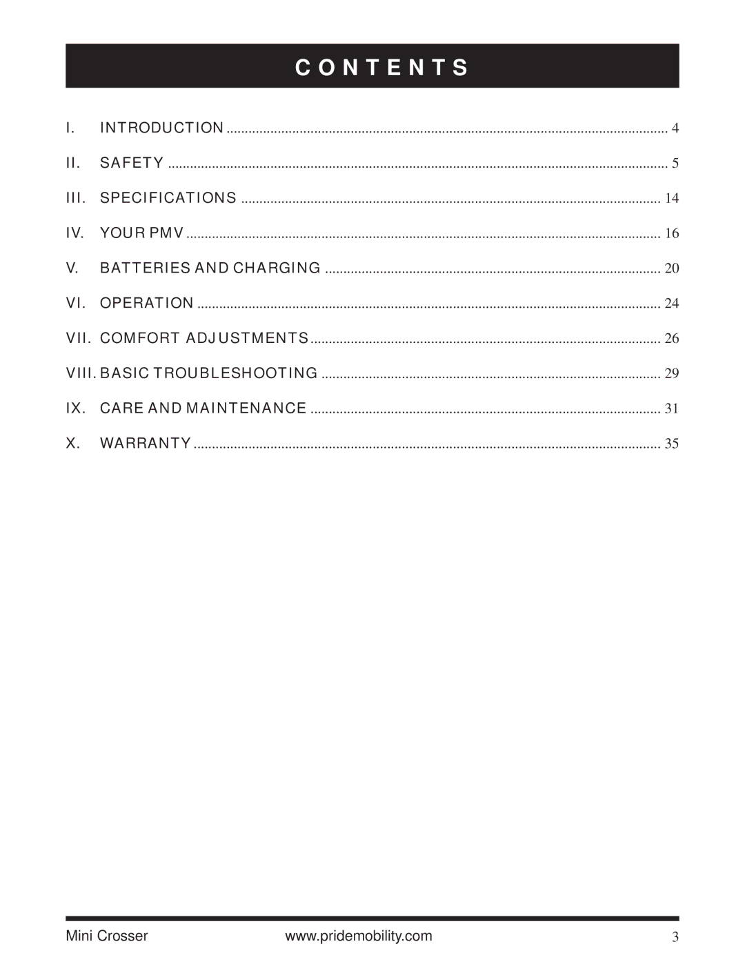 Pride Mobility Mini Crosser owner manual N T E N T S, Iii 