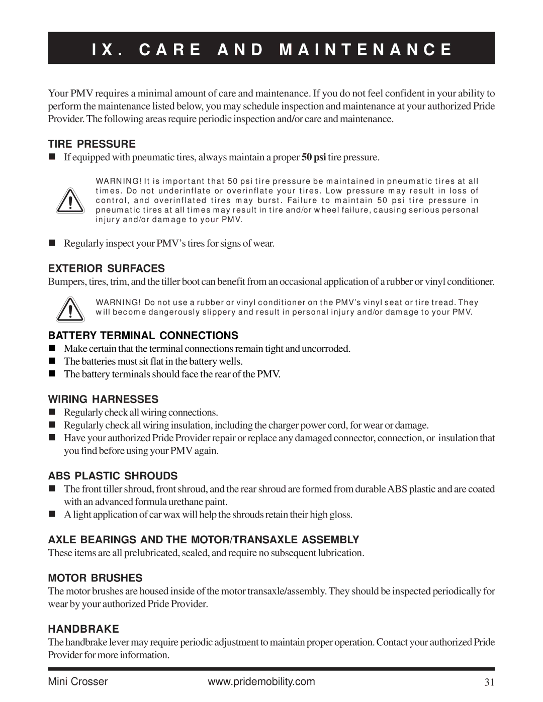 Pride Mobility Mini Crosser owner manual C a R E a N D M a I N T E N a N C E 