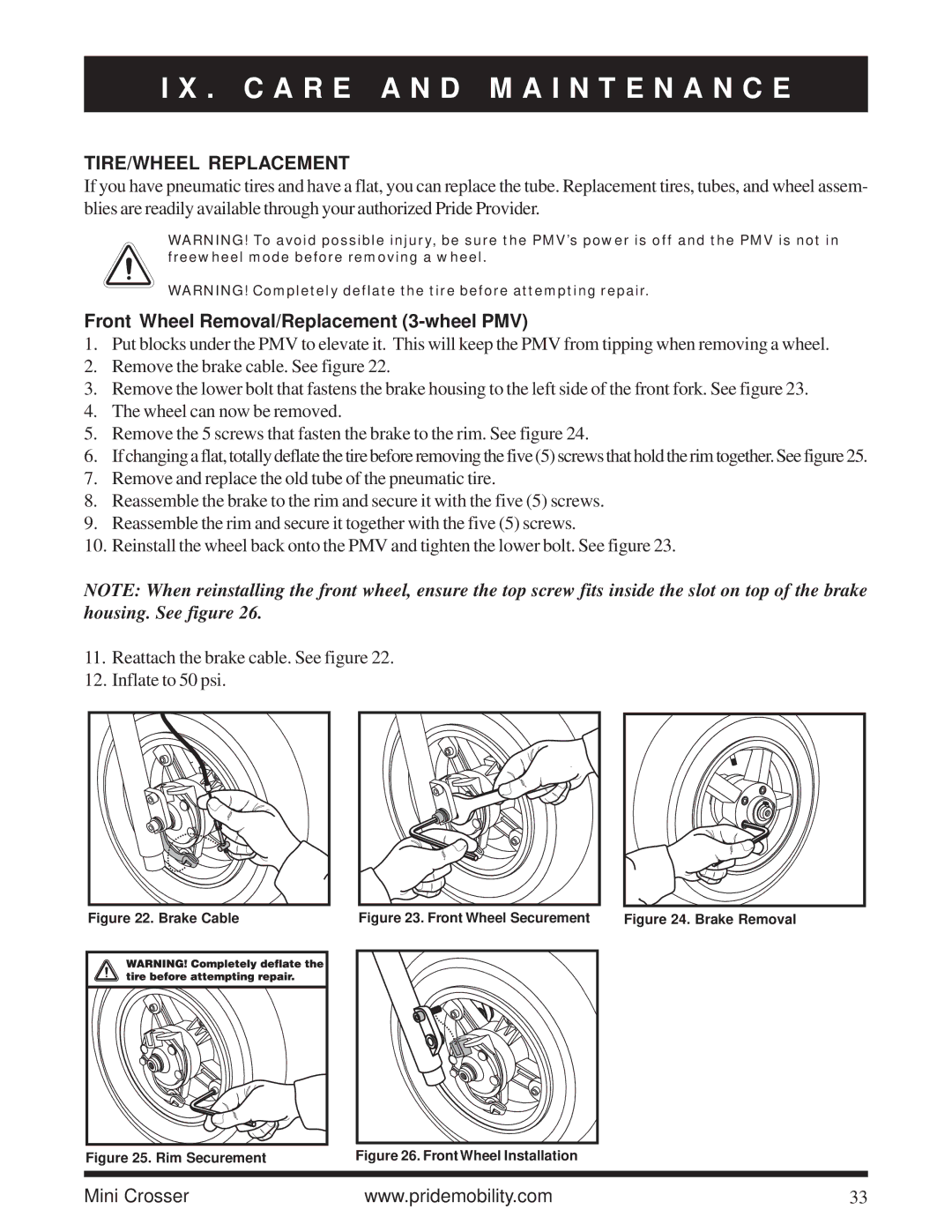 Pride Mobility Mini Crosser owner manual TIRE/WHEEL Replacement, Front Wheel Removal/Replacement 3-wheel PMV 