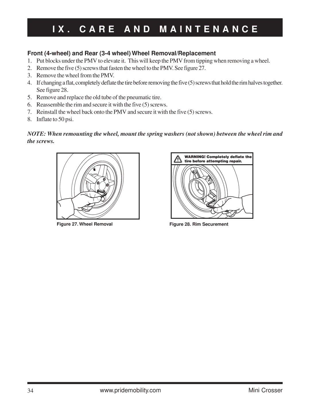 Pride Mobility Mini Crosser owner manual Front 4-wheel and Rear 3-4 wheel Wheel Removal/Replacement 