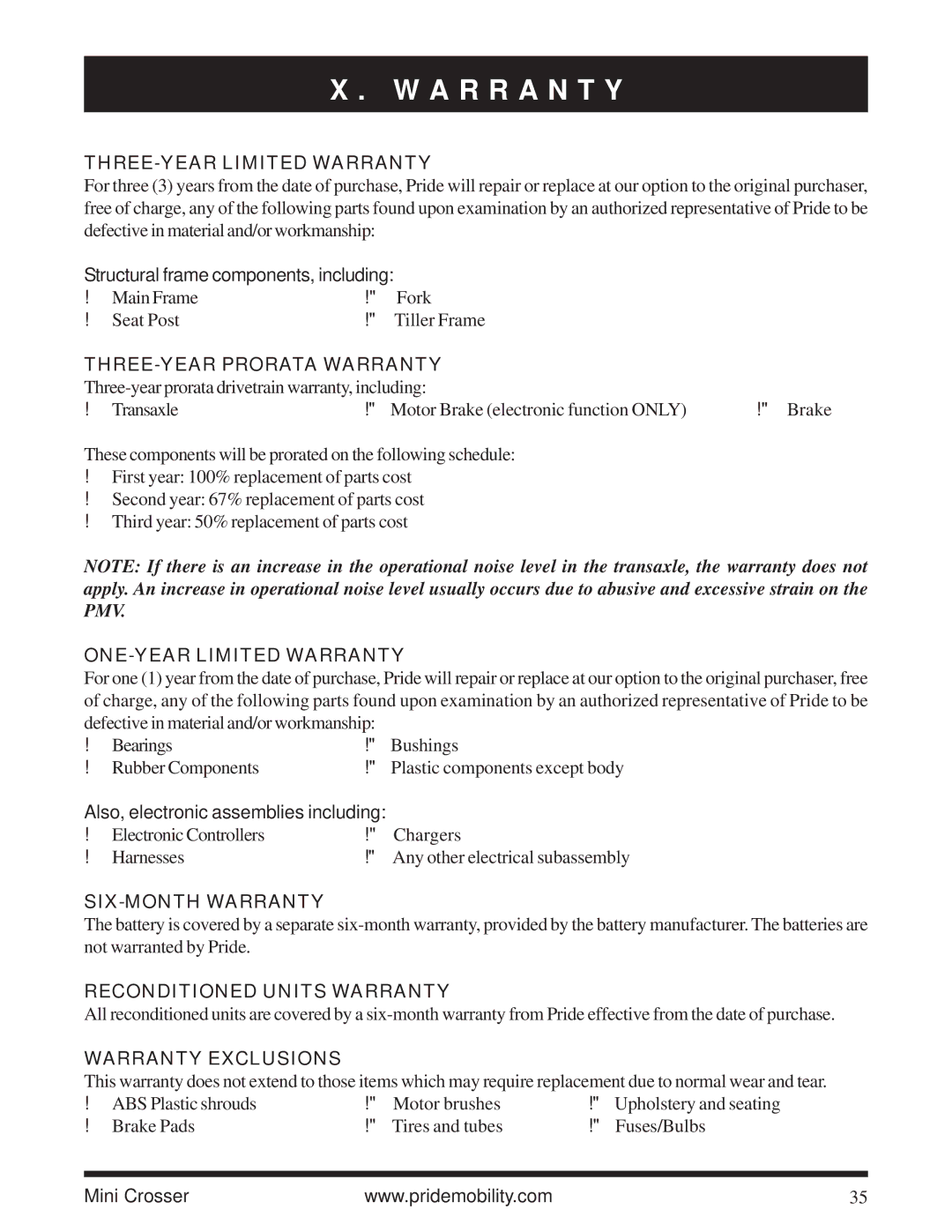 Pride Mobility Mini Crosser owner manual A R R a N T Y 