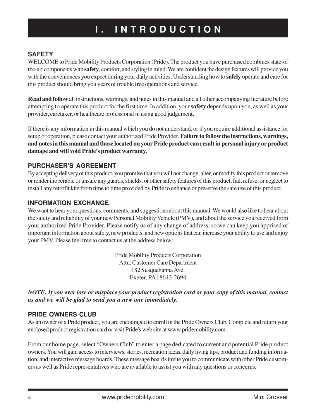 Pride Mobility Mini Crosser N T R O D U C T I O N, Safety, PURCHASER’S Agreement, Information Exchange, Pride Owners Club 