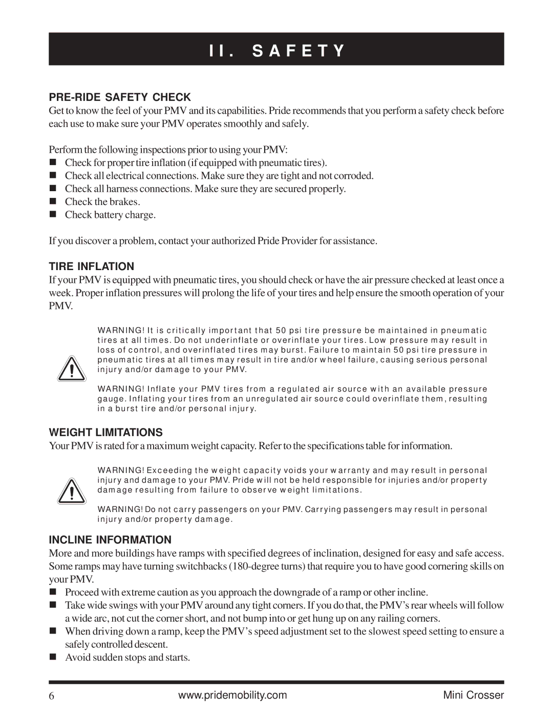 Pride Mobility Mini Crosser owner manual PRE-RIDE Safety Check, Tire Inflation, Weight Limitations, Incline Information 