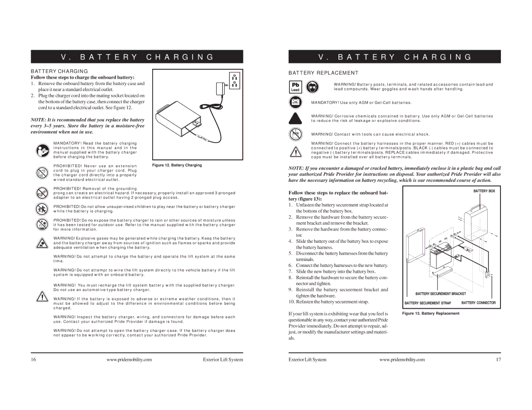 Pride Mobility Mobility Exterior LIft manual A T T E R Y C H a R G I N G, Battery Charging, Battery Replacement 